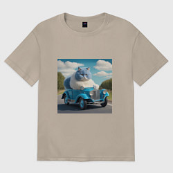 Футболка оверсайз женская Толстый голубой котик винтажный стиль, цвет: миндальный