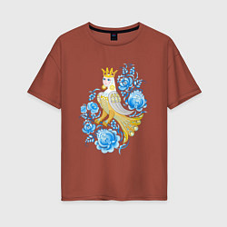 Футболка оверсайз женская Птица Сирин в цветах по мотивам гжельской росписи, цвет: кирпичный