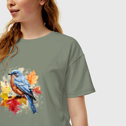 Футболка оверсайз женская Птичка и осенние листья, цвет: авокадо — фото 2