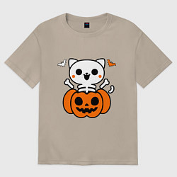 Футболка оверсайз женская Веселый кот-скелет в тыкве - Хэллоуин, цвет: миндальный