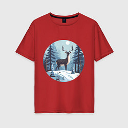 Футболка оверсайз женская Зимняя сказка олень в лесу, цвет: красный