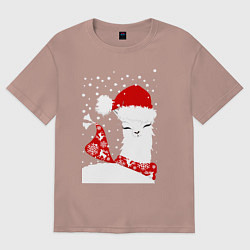 Футболка оверсайз женская Лама в шапочке и шарфе, цвет: пыльно-розовый