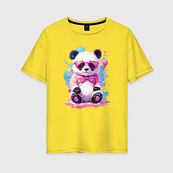 Футболка оверсайз женская Милая панда в розовых очках и бантике, цвет: желтый