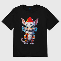 Футболка оверсайз женская Дракончик в новогоднем колпаке, цвет: черный