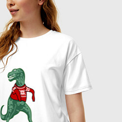 Футболка оверсайз женская Динозавр в новогоднем свитере, цвет: белый — фото 2