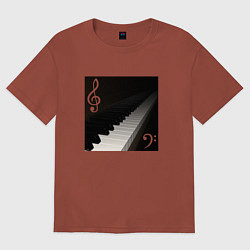 Футболка оверсайз женская Скрипичный и басовый ключи с клавиатурой фортепиан, цвет: кирпичный