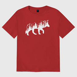 Футболка оверсайз женская Силуэт тайги в волке, цвет: красный
