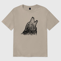 Футболка оверсайз женская Волк воющий гравюра, цвет: миндальный