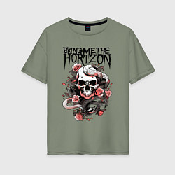 Футболка оверсайз женская Bring Me the Horizon - A skull with roses, цвет: авокадо