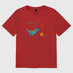 Футболка оверсайз женская Забавный динозавр бежит за курицей, цвет: красный