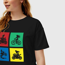 Футболка оверсайз женская Силуэты девушек на велосипедах и мотоциклах, цвет: черный — фото 2