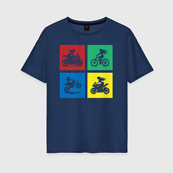 Футболка оверсайз женская Силуэты девушек на велосипедах и мотоциклах, цвет: тёмно-синий
