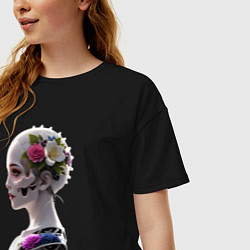 Футболка оверсайз женская Фантастическая девушка робот цветы и механизм, цвет: черный — фото 2