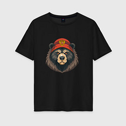 Футболка оверсайз женская Русский медведь в шапке с гербом, цвет: черный