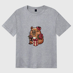 Футболка оверсайз женская Капибара с подарком и цветами, цвет: меланж