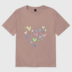 Футболка оверсайз женская Разноцветные сердечки в виде сердца, цвет: пыльно-розовый