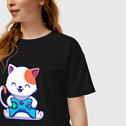Футболка оверсайз женская Котик с джойстиком, цвет: черный — фото 2