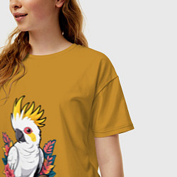 Футболка оверсайз женская Попугай какаду на ветке с листьями, цвет: горчичный — фото 2
