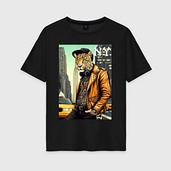 Футболка оверсайз женская The cool leopard is a New Yorker, цвет: черный