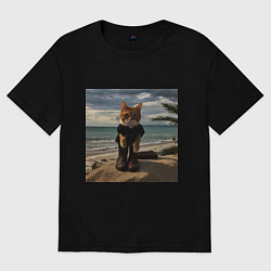 Футболка оверсайз женская Пляжный котик, цвет: черный