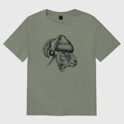 Футболка оверсайз женская Баран в новогоднем колпаке, цвет: авокадо