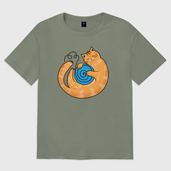 Футболка оверсайз женская Арт мультяшный рыжий кот с клубком спит котуром, цвет: авокадо