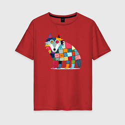 Футболка оверсайз женская Funny wolf - patchwork ai art, цвет: красный