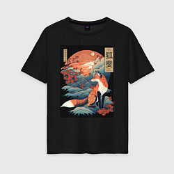 Футболка оверсайз женская Лиса в японском стиле, цвет: черный