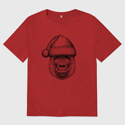 Футболка оверсайз женская Новогодняя горилла в шапке, цвет: красный