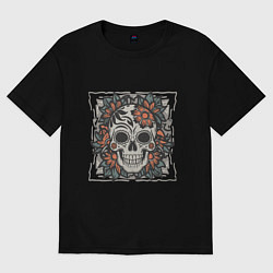 Футболка оверсайз женская Ретро татуировка с цветами и черепом, цвет: черный