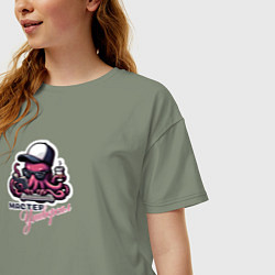 Футболка оверсайз женская Учёный осьминог с компьютером и кофе, цвет: авокадо — фото 2