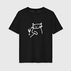 Футболка оверсайз женская Мемный забавный кот грустит возле бокала вина, цвет: черный