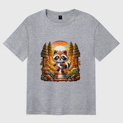 Футболка оверсайз женская Енот шагает по лесу, цвет: меланж