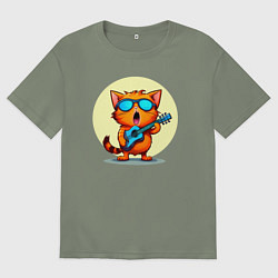 Футболка оверсайз женская Рыжий кот с гитарой поет песню, цвет: авокадо