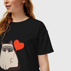 Футболка оверсайз женская Кот мем день влюбленных, цвет: черный — фото 2