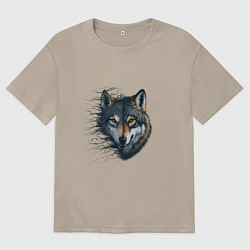 Футболка оверсайз женская Голова волка с развивающимися волосами, цвет: миндальный