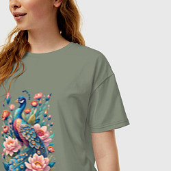 Футболка оверсайз женская Павлин среди цветов, цвет: авокадо — фото 2