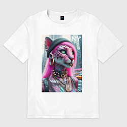 Футболка оверсайз женская Панк девушка-леопард в татухах в Нью-Йорке, цвет: белый