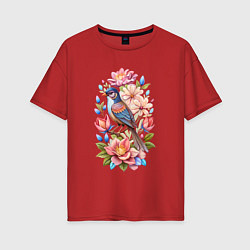 Футболка оверсайз женская Птица Калипта Анны среди цветов, цвет: красный