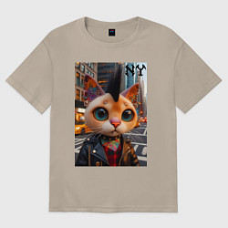 Футболка оверсайз женская Глазастый котёнок панк из Нью-Йорка - нейросеть, цвет: миндальный