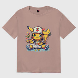 Футболка оверсайз женская Пикачу покемон ест пиццу, цвет: пыльно-розовый