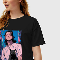 Футболка оверсайз женская Магическая битва Сугуру Гэто с котами, цвет: черный — фото 2