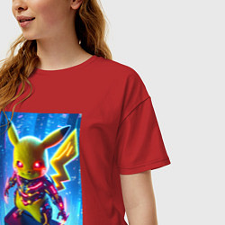 Футболка оверсайз женская Neon Pikachu - cyberpunk horror, цвет: красный — фото 2