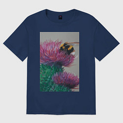 Футболка оверсайз женская Мохнатый шмель на кактусе - живопись, цвет: тёмно-синий