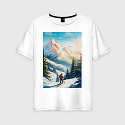 Футболка оверсайз женская Лыжник в горах, цвет: белый
