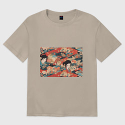 Женская футболка оверсайз Японский орнамент с девушкой