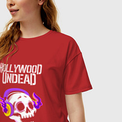 Футболка оверсайз женская Hollywood Undead - неоновый череп, цвет: красный — фото 2