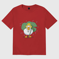 Женская футболка оверсайз Милая уточка гусь под листом в шляпке в дождь