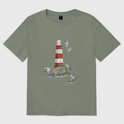 Женская футболка оверсайз Маяк и чайки на берегу моря