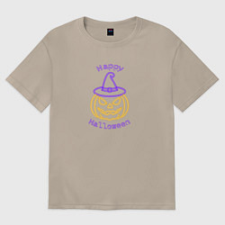 Футболка оверсайз женская Неоновая тыква в шляпе ведьмы, цвет: миндальный